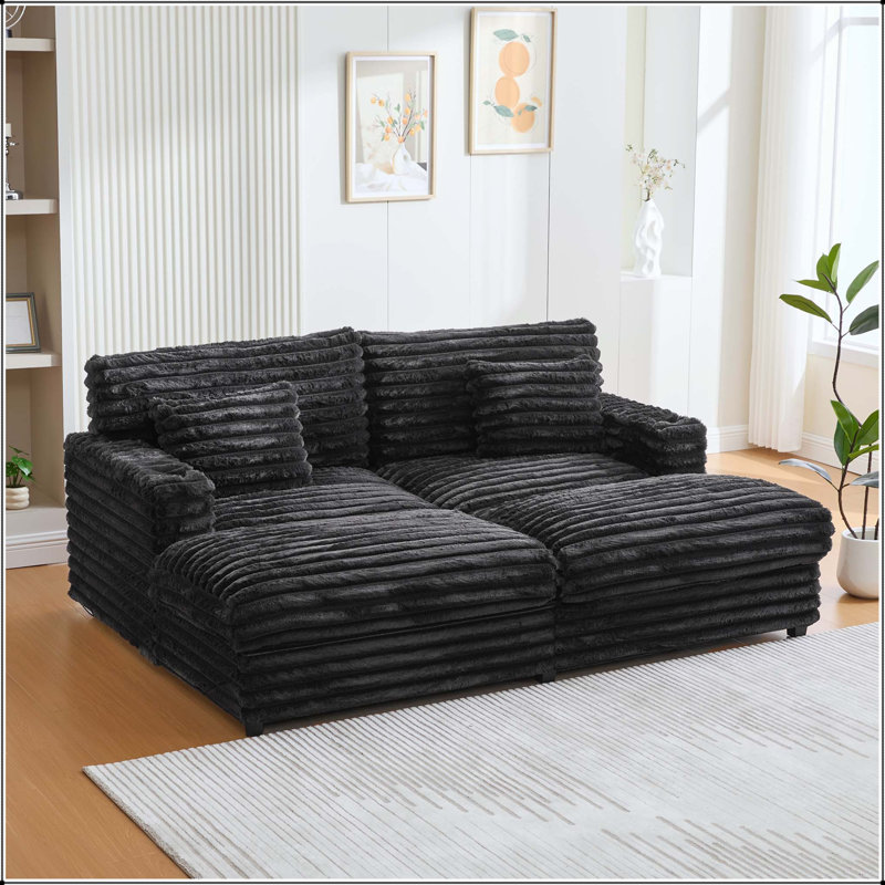 Très grand canapé-lit double avec ports USB, porte-gobelets et fausse fourrure de lapin, Black