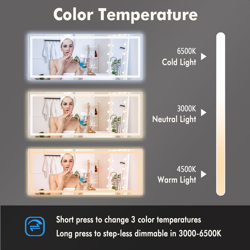 Miroir de salle de bain à DEL avec lumières, miroir de salle de bain intelligent antibuée à intensité variable, 24 po x 60 po