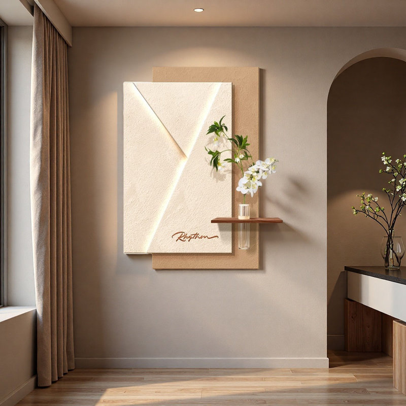 Art mural à DEL en grès crème avec jardinière - couloir d'entrée, H 39,37 po x l 27,56 po x P 3,94 po