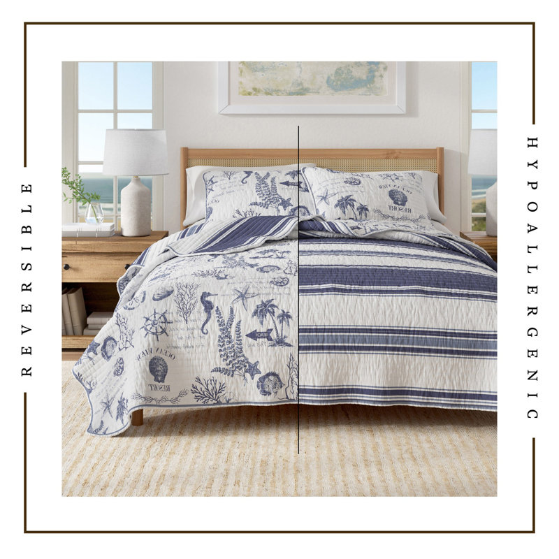 Ensemble de courtepointe en coton marine, Courtepointe double / grand + 2 taies décoratives