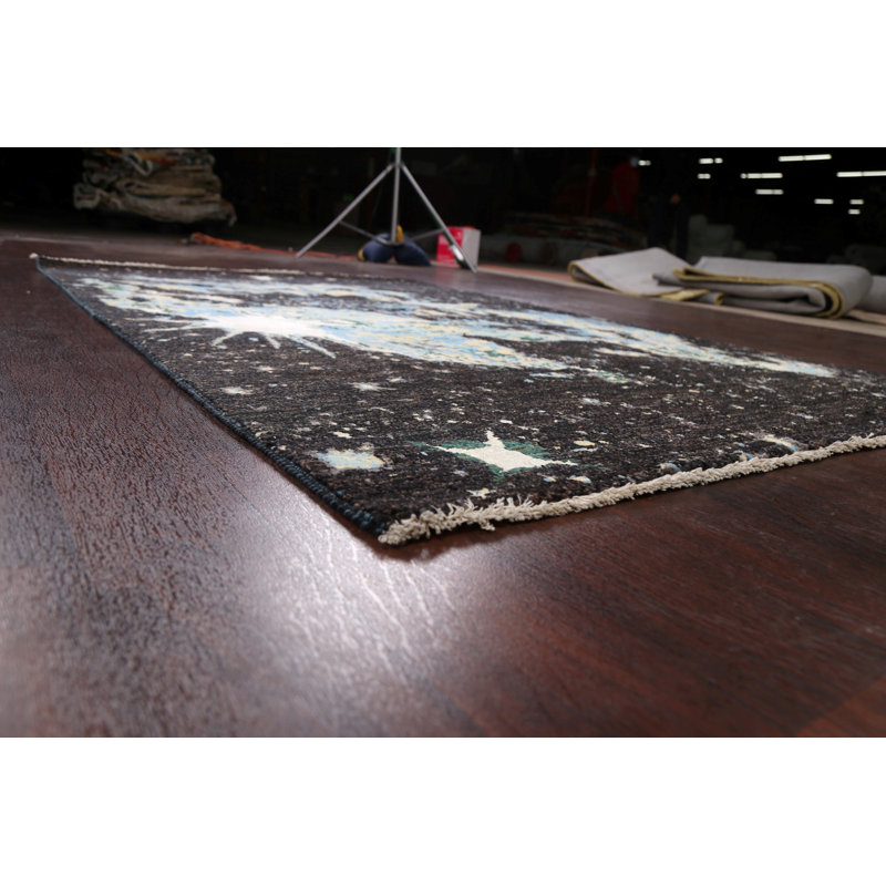 Tapis noir / bleu / blanc noué à la main de conception unique 4 pi 7 po x 7 pi 2 po New Age