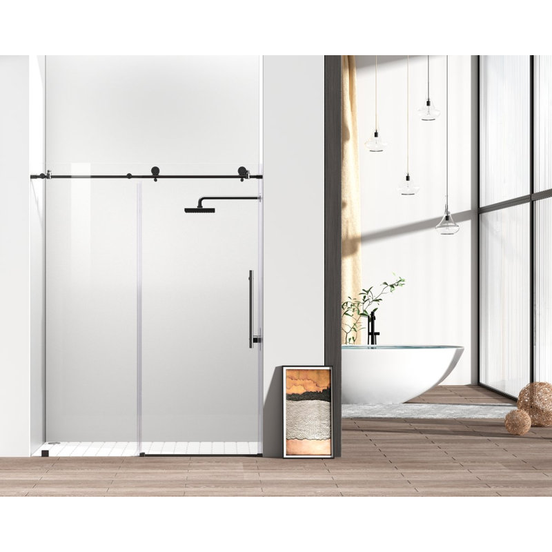 55.47" - 60" W x 76" H Single Sliding Frameless Shower Door, Black