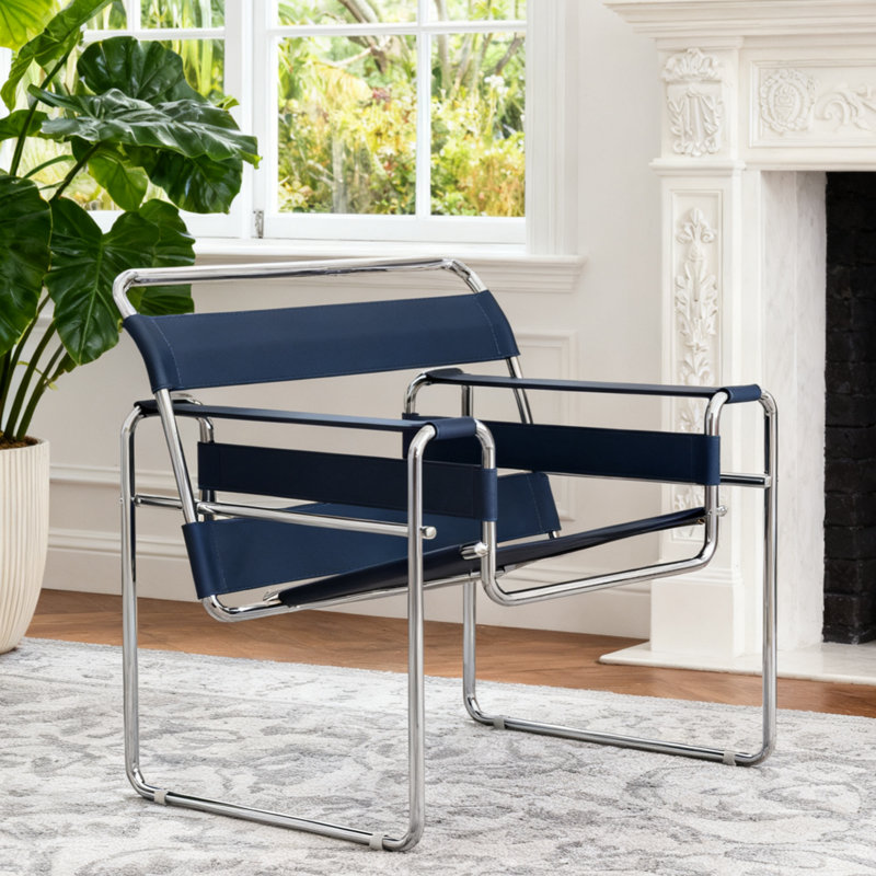 Danta Saddle Leather and Artificial Leather Accent Chair with Stainless Steel Frame, Blue Saddle Leather