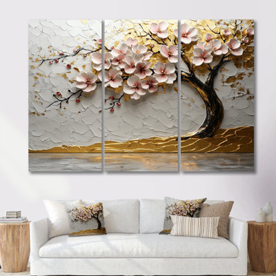 Pink And Gold Cherry Blossom Tree By The Lake I - Cherry Blossom Wall Art Living Room Set
