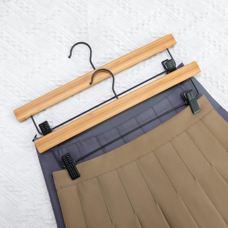 Paquet de 10 cintres pour pantalons, cintres en bambou avec pinces noires et crochet rotatif