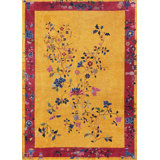 Hand Knotted Pile Floral 1920s Rectangle Wool Yellow / Gold Orange Antique Rug
