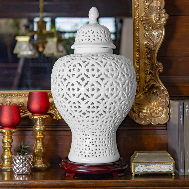 25" Carved Temple Jar - Celadon, White