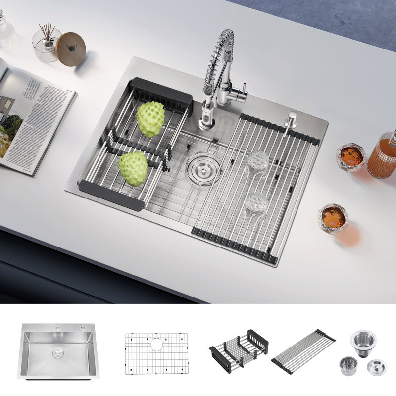 ATTOP 28 Inch Drop in Kitchen Sink Scratch-Resistant Stainless Steel Single Bowl with Bottom Grid