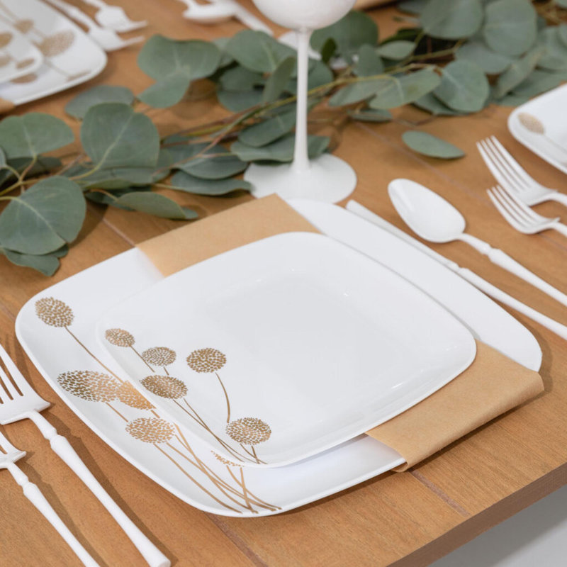Assiettes en plastique blanches carrées de 8,5 pouces Ecoqualité avec motif de pissenlit doré 240 invités