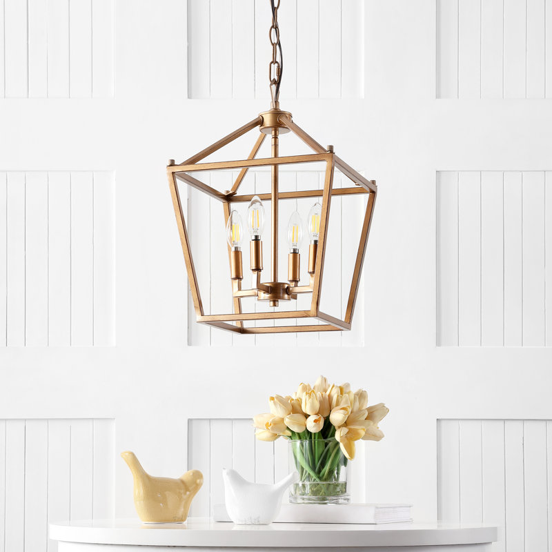 Joree 4 - Light Lantern Geometric Pendant, 18" H x 12" W x 12" D, Antique Gold