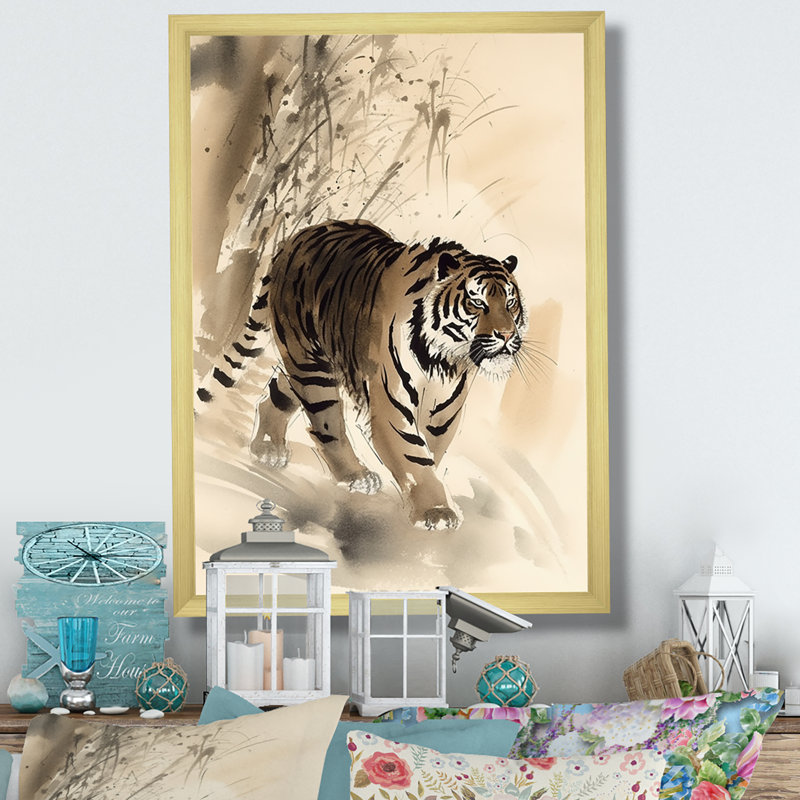 «Beige Tiger In The Wild I» sur toile, H 40 po x l 30 po x P 1,5 po, Encadrement doré