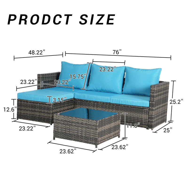 Outdoor Woven Sectional L- Shaped Patio Furniture Set, Teal