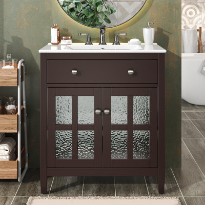 Meuble-lavabo de 30 po avec lavabo en céramique, tablette réglable et plateau basculant, meuble-lavabo avec pieds en bois massif, poignées en métal argenté et charnières à fermeture en douceur