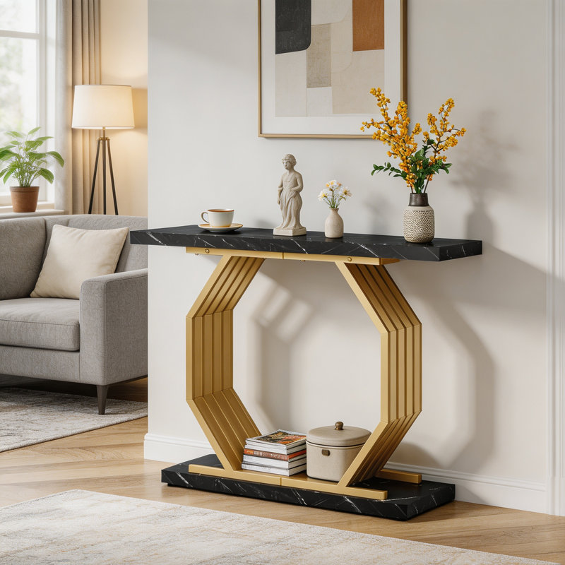 Console en faux marbre noir, base octogonale, peut servir de table d'appoint pour canapé.