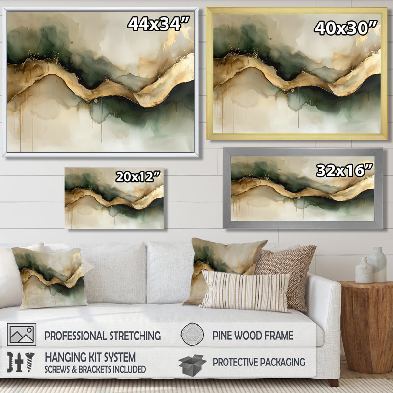 Abstract Liquid Ink Divide Fight Of Emerald II - Abstract Liquid ink Wall Art, 34" H x 44" W, Floater Framed, Gold
