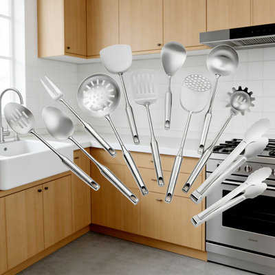 12-Piece 304 Stainless Steel Kitchen Utensil Set, Professional Metal Cooking Utensils With Potato Masher, Ladle, Spatula, Spaghetti Spoon, Dishwasher Safe For Home And Commercial Use
