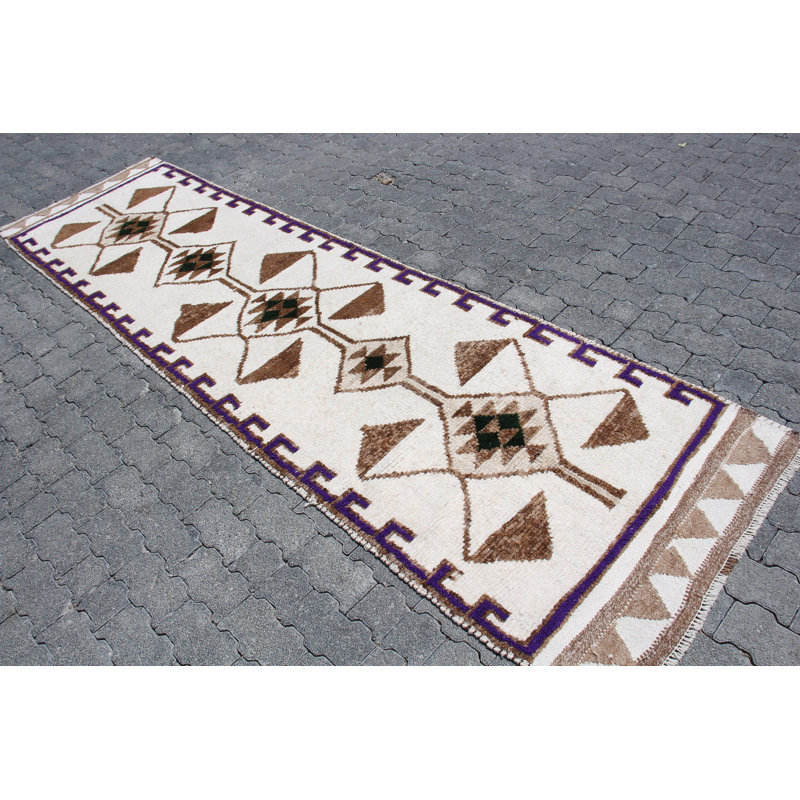 Vintage Handmade Turkish Runner Rug with Geometric Pattern - Bohemian Oriental Hallway Decor