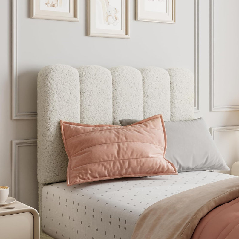 Twin XL Bed Frame, Boucle Upholstered Platform Bed with Wave Headboard for Girls/Kids, Easy Assembly, Wooden Slats Support, No Box Spring Needed, Beige