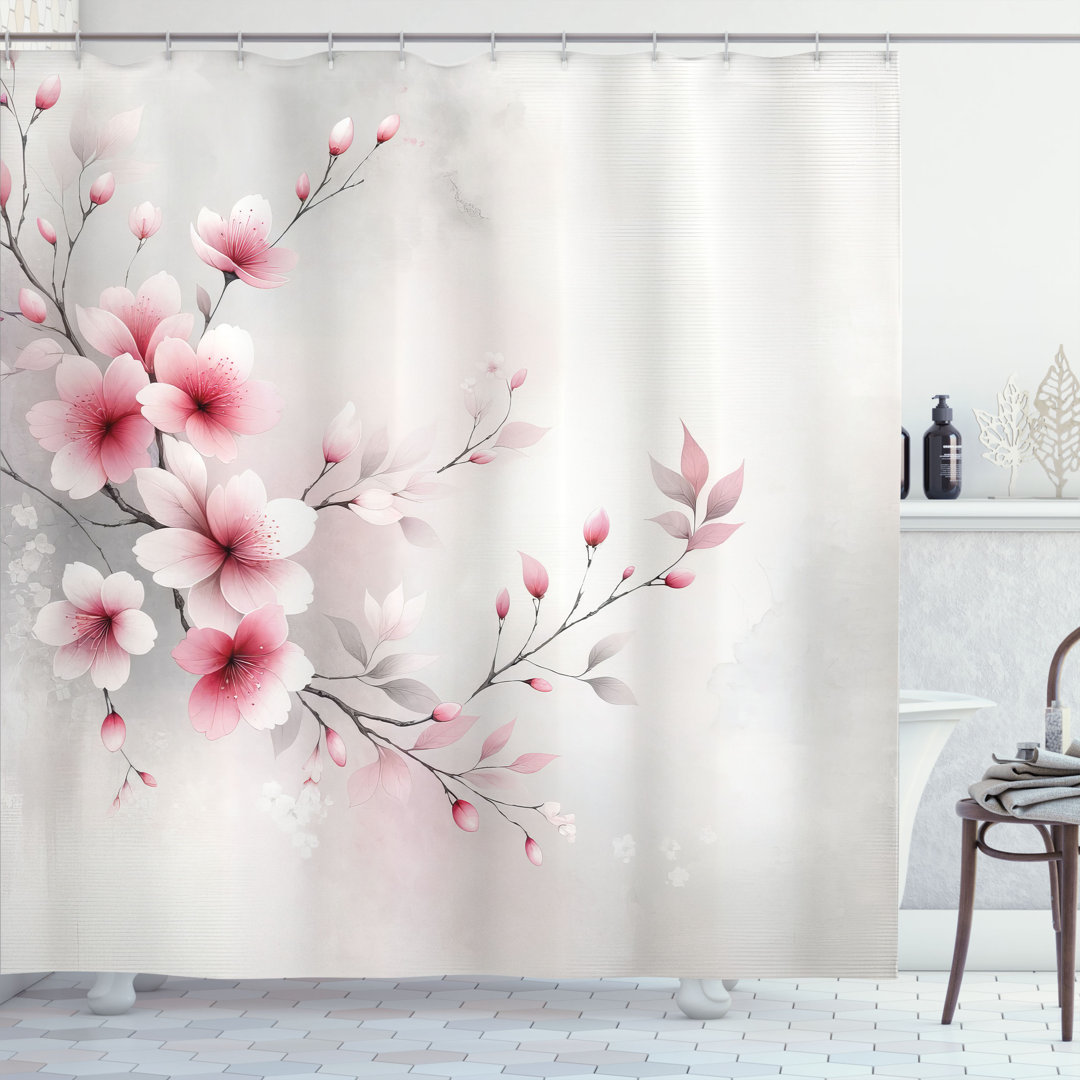 East Urban Home Pink Shower Curtain Japanese Sakura Flowering Sky East Urban Home 
