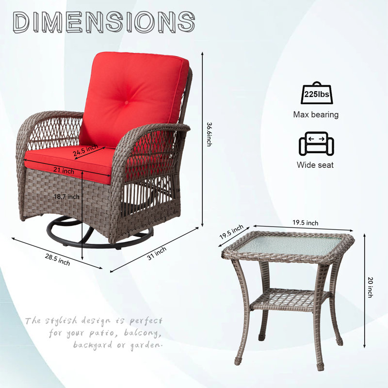 Baylay 2 - Person Wicker Patio Dining Set with Square Table , Cushions Included, Red