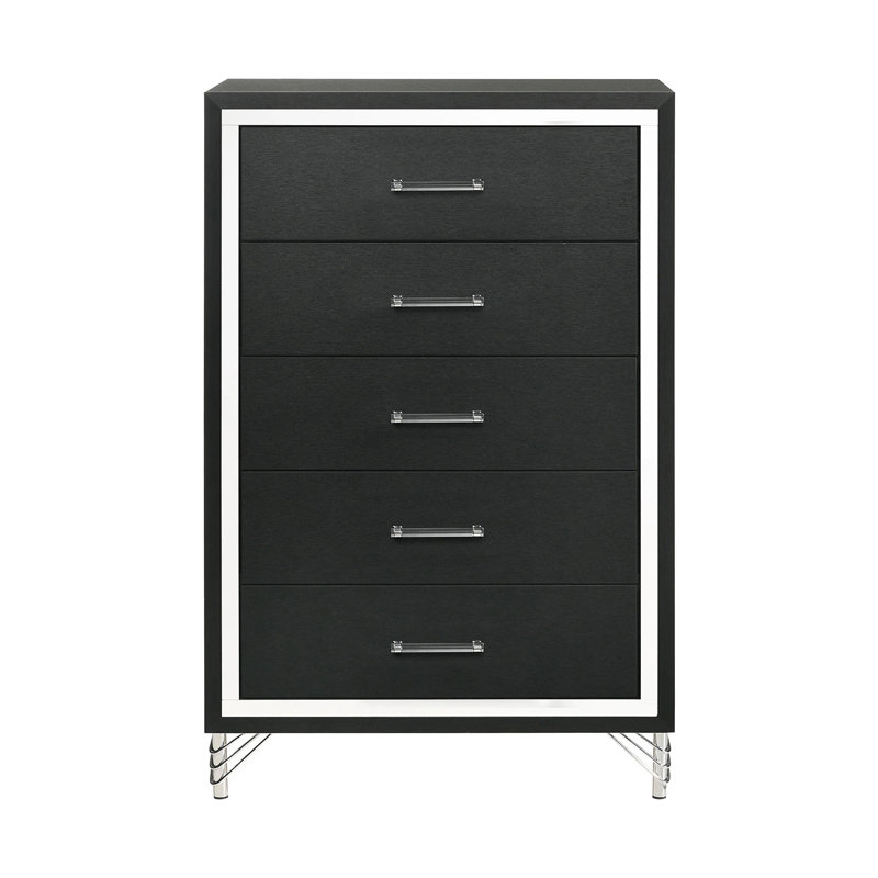 Commode 5 tiroirs en bois avec longues poignées noires