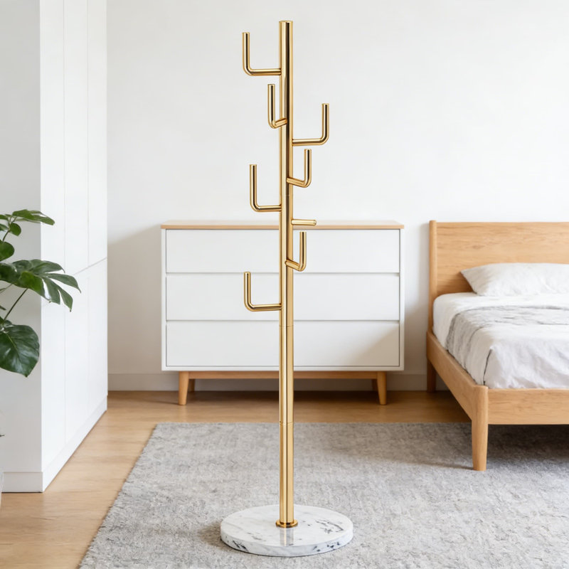 Modern Freestanding Coat Rack With Natural Marble Base And 8 Hooks, Heavy Duty Metal Coat Tree Stand For Jackets, Bags, And Entryway Organization