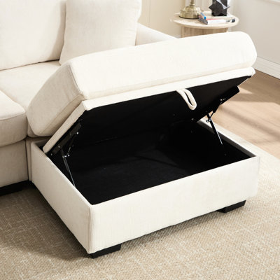 Chenille en forme de L beige 4 chenilles avec double charge, 2 poches latérales et banc de rangement - un mélange de fonctionnalité et de style.