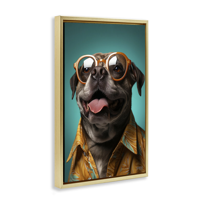 «Fashion Dog Friend», toile flottante encadrée dorée par Roozbeh Bahramali, Cadre flottant métallique doré, H 31 po x l 21 po