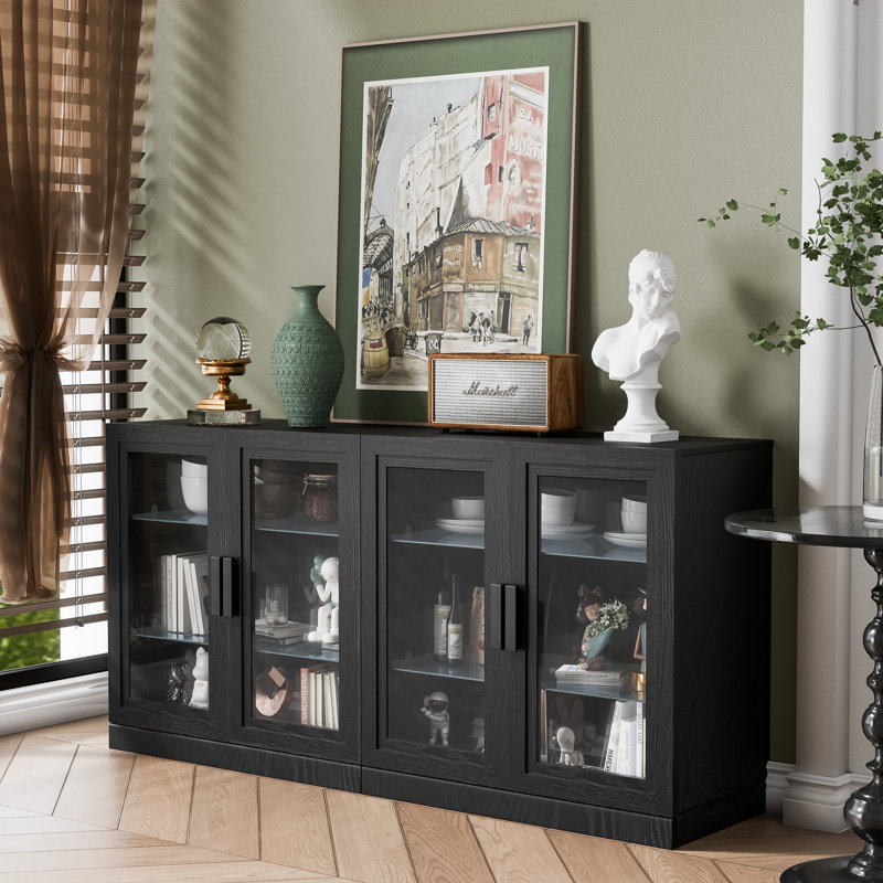 Buffet en bois 62 "x 31" x 16 "avec tablettes réglables et portes en verre, Noir