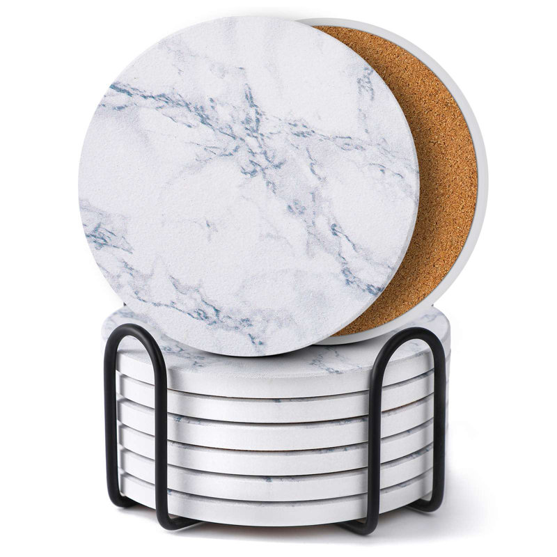 Ensemble de 8 sous-verres en marbre blanc avec support 8 pièces