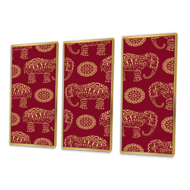 Éléphant indien et mandala sur fond rouge - ensemble de 3 reproductions d'art encadrées sur toile, H 32 po x l 48 po x P 1 po