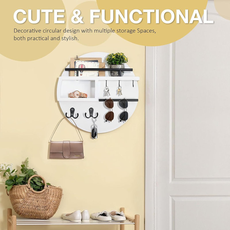 Key Holder Wall Mount, Wooden Key Mail Holder Decorative Round Key Rack With Shelf Key Organizer With Storage Box Sunglasses Hanger Multi Hooks For Entryway Hallway Doorway White