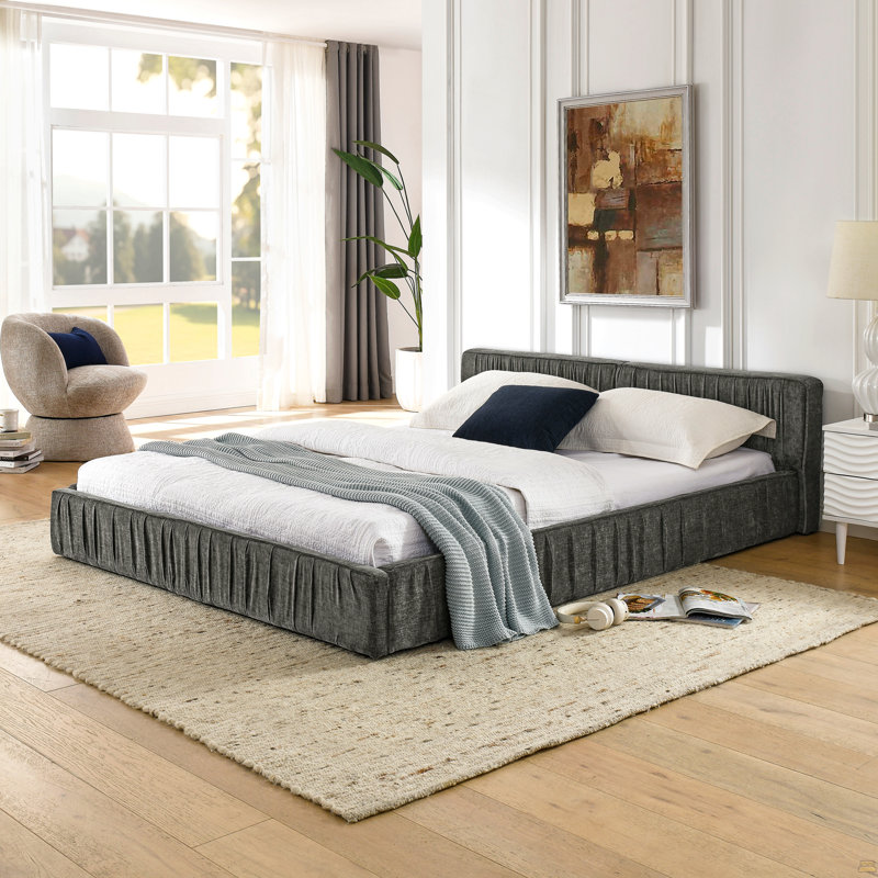 Queen Size Upholstered Bed Frame With Chenille Fabric With Pleated Design,Grounded Queen Size Platform Bed With Headboard And Solid Frame