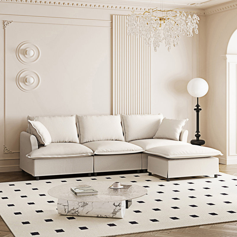 Ensemble de canapé modulaire avec repose-pieds, canapé en forme de L et coussins décoratifs, Beige
