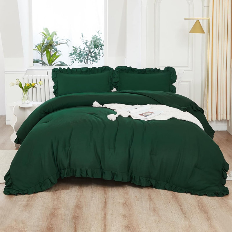 Ensemble d'édredon très foncé vert émeraude, ensemble de literie 3 pièces Boho Vintage Solid Forest Ruffle, ensemble de lit léger toutes saisons (édredon 104 x 90 po et 2 taies d'oreiller)