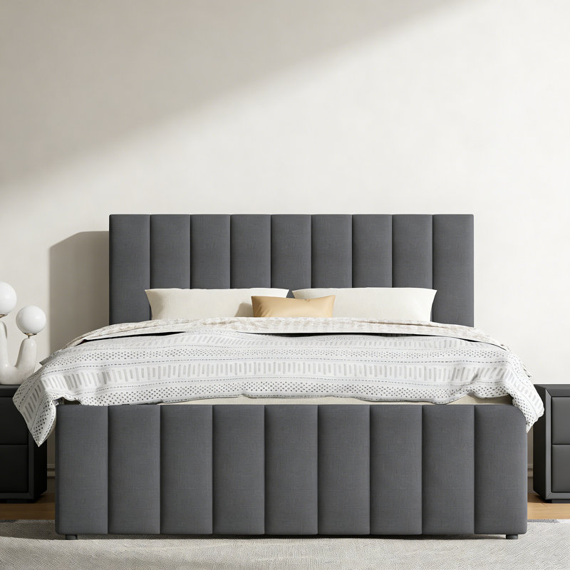 Full Size Upholstered Platform Bed with Twin Size Trundle and 3 Drawers,Linen Fabric, Gray