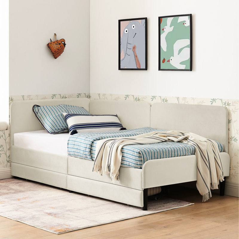 Structure de lit simple beige avec 2 tiroirs de rangement, lit en velours convertible, style moderne, doux, revêtement en eucalyptus renforcé et tiroirs, réglable pour la configuration de la chambre à coucher, look, confortable