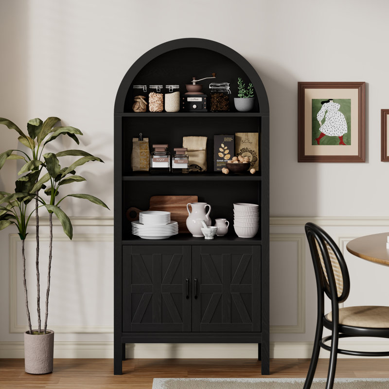 Adona 70.47*30.9 inch Adona Arched Display Storage Bookcase with Open Shelves and Cabinet, Black