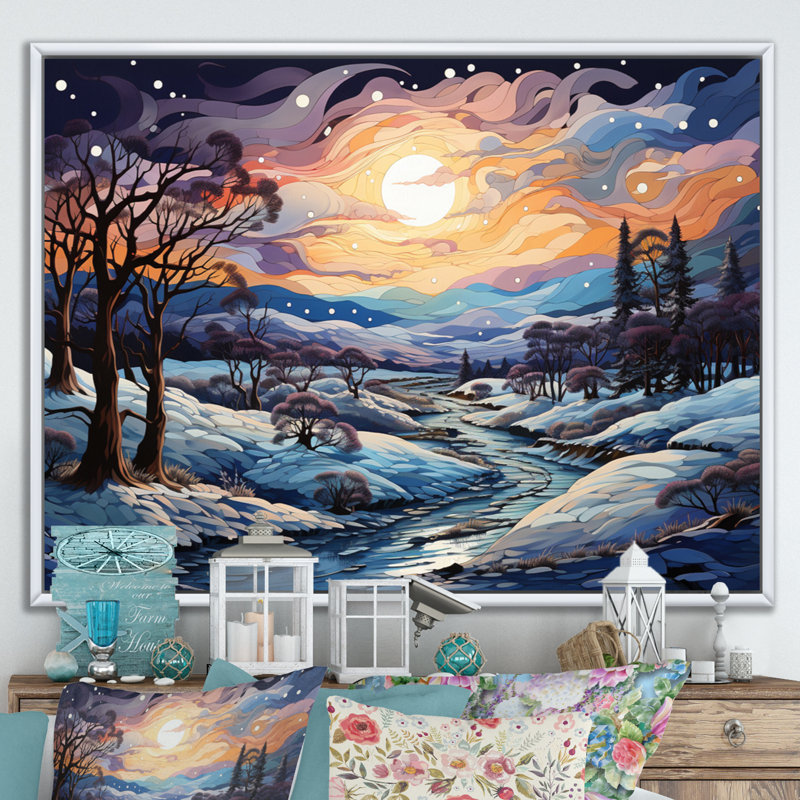 «Beautiful Country Charm In Winter III», reproduction sur toile, 16" H x 32" W, Cadre flottant blanc