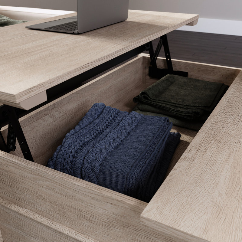 Lift - Top Coffee Table, Brown Oak Finish, Spacious Surface For Yoga, Hidden Storage Blankets, Open Shelving Controllers, Build Home Use, 36.14 Inches Square, Simple Installation Table With Like Work