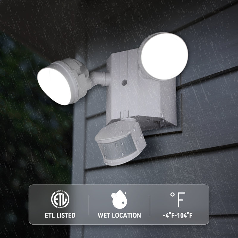 Projecteur de sécurité DEL 30 W avec prises GFCI, projecteur extérieur en aluminium, détecteur de mouvement/crépuscule, direction d'éclairage réglable, lumière du jour, blanc