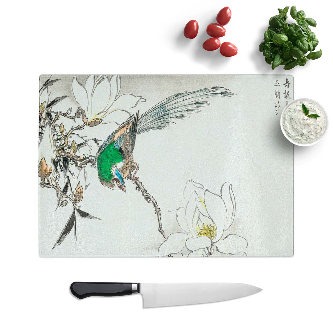 Tempered Glass Pipit Bird and Magnolias by Numata Kashu Chopping Board