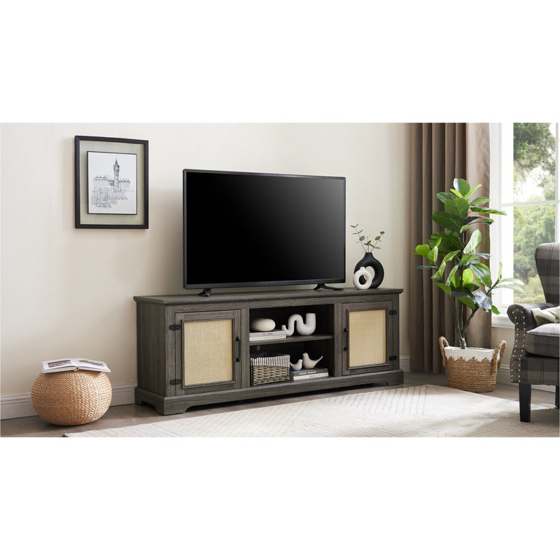 Antique Gray Rattan TV Stand with Cabinet for TVs Up to 70 Inches