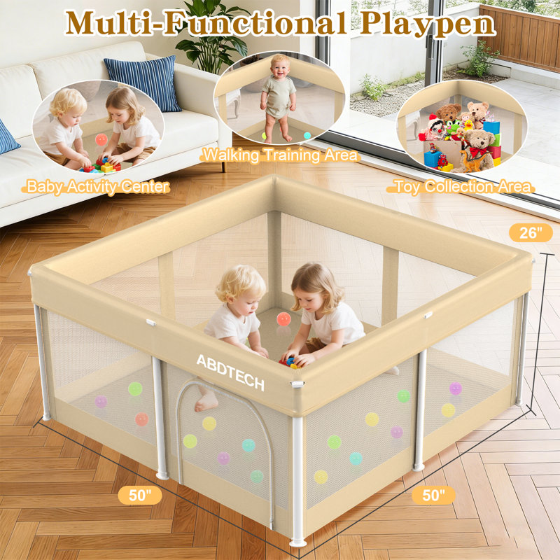 Foldable Baby Playpen with Mat, 50x50 inch Play Yard for Babies and Toddlers, Khaki
