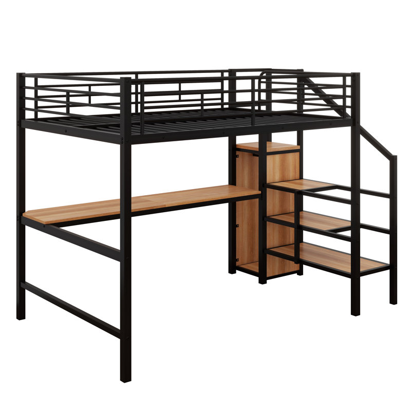 Lit mezzanine double en métal avec garde-corps pleine longueur, structure de lit mezzanine avec bureau, éclairage à DEL, escalier de rangement et petite armoire