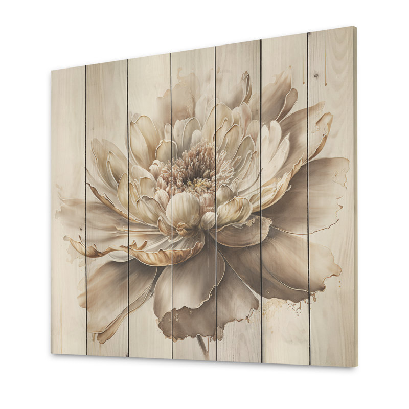 Fleur beige simple I - impression sur bois sans cadre, H 24 po x l 24 po x P 1 po