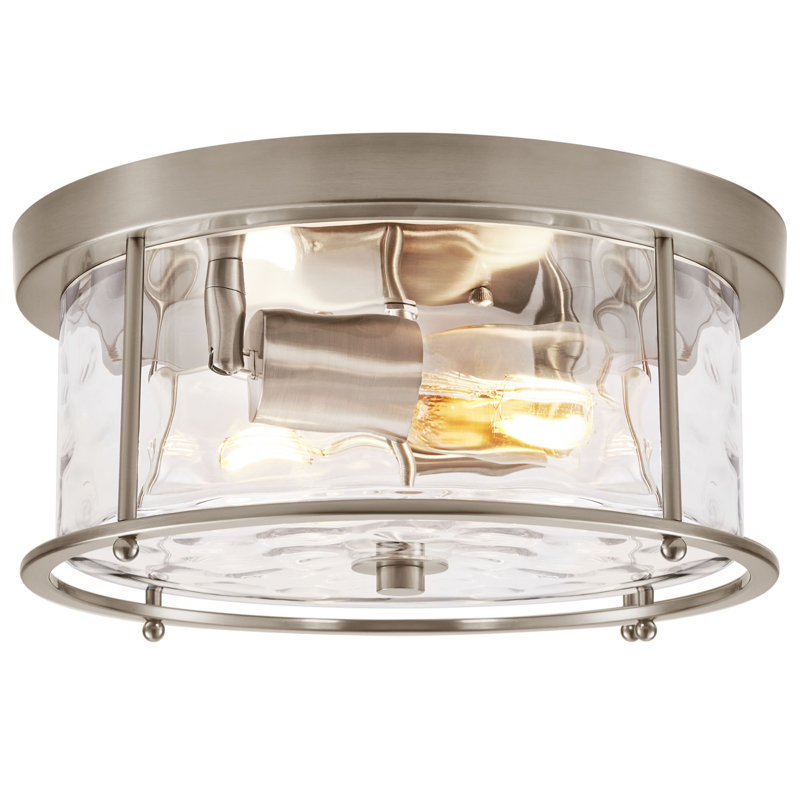 Alixandra 2-Light Flush Mount Hammered Glass Ceiling Light with Metal Frame, Brushed Nickel