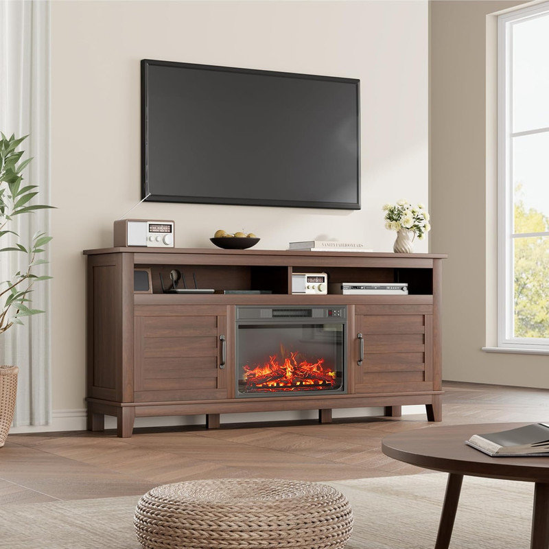 Meuble télé 63 po, centre de divertissement avec foyer électrique et portes d'armoire 63 po, Bois brun