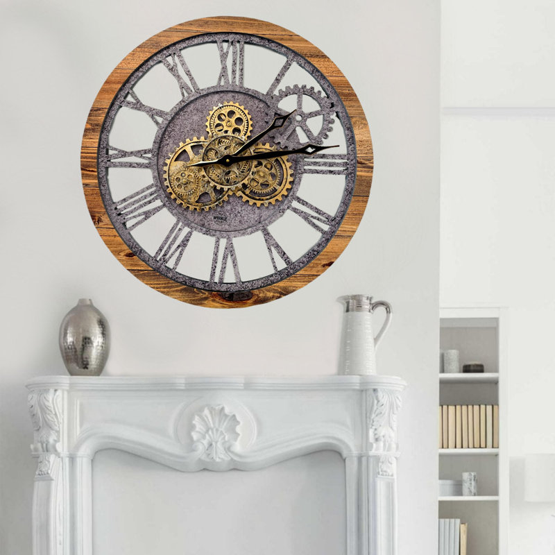 24" Rustic Wood and Stone Oversized Wall Clock with Moving Gears