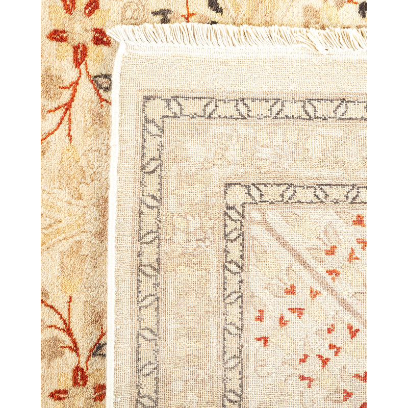 Tapis unique en laine noué à la main ivoire / beige / rouge nouvel âge 8 pi 2 po x 9 pi 9 po Cotey Mogul